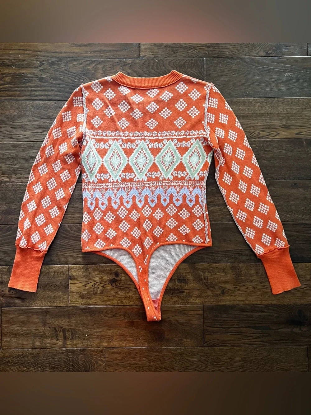 Free People Snow Dancer Orange Patterned Knit Bodysuit Size M